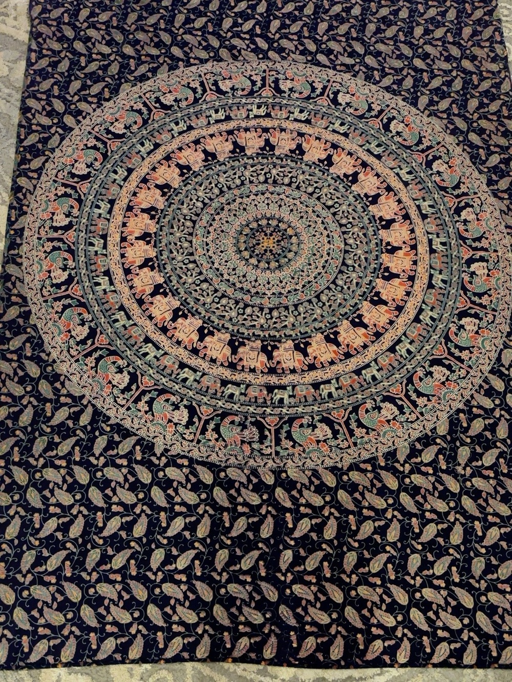 Bohemian Elephant Mandala Wall Tapestry in Navy and Coral 51x71